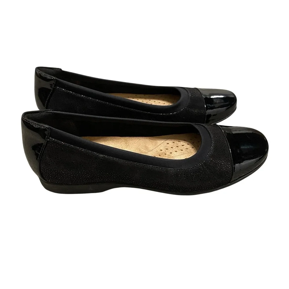 Clarks Unstructured Ballet Shoes Size 9N EU40 Black Flats Glossy Leather Comfort